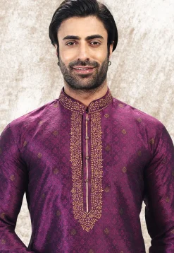 Woven Art Silk Jacquard Kurta Set in Purple