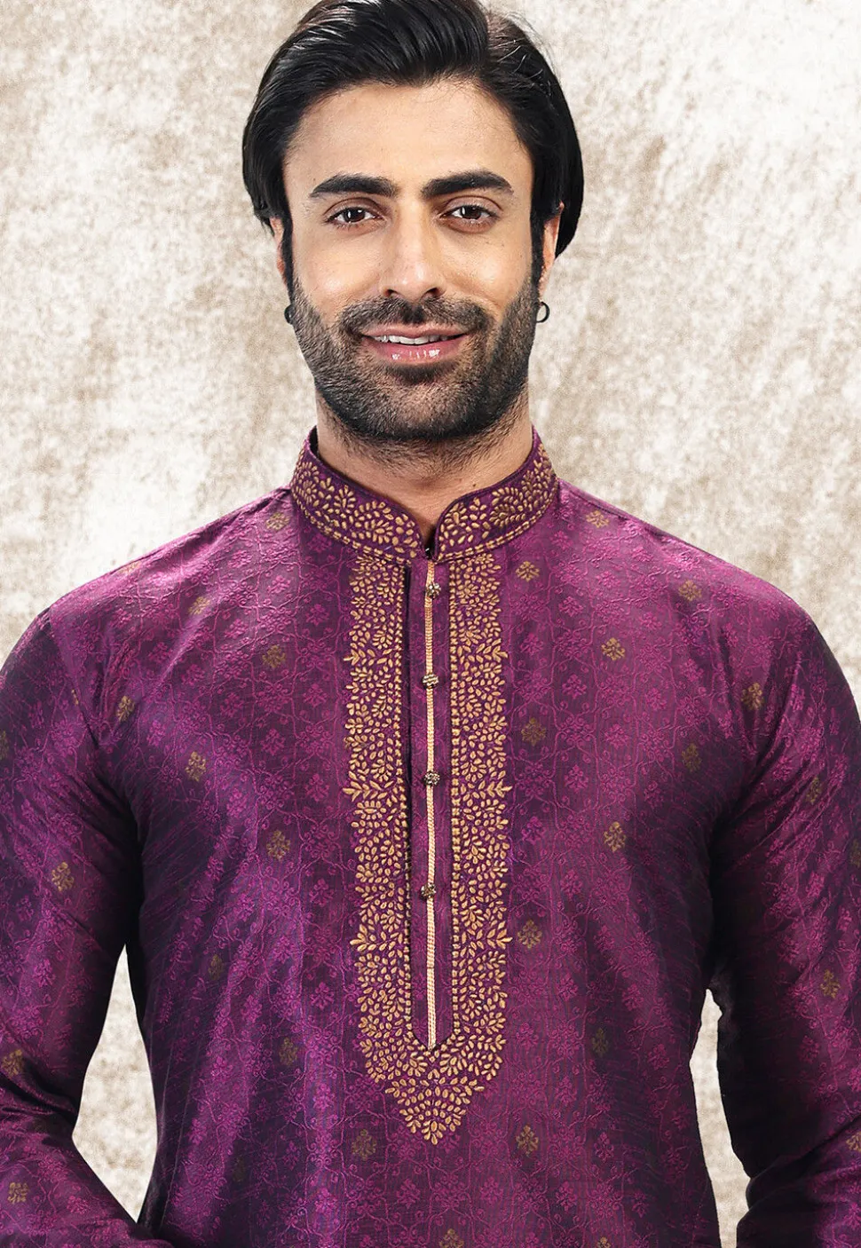 Woven Art Silk Jacquard Kurta Set in Purple