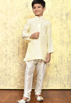 Woven Art Silk Jacquard Kurta Set in Cream