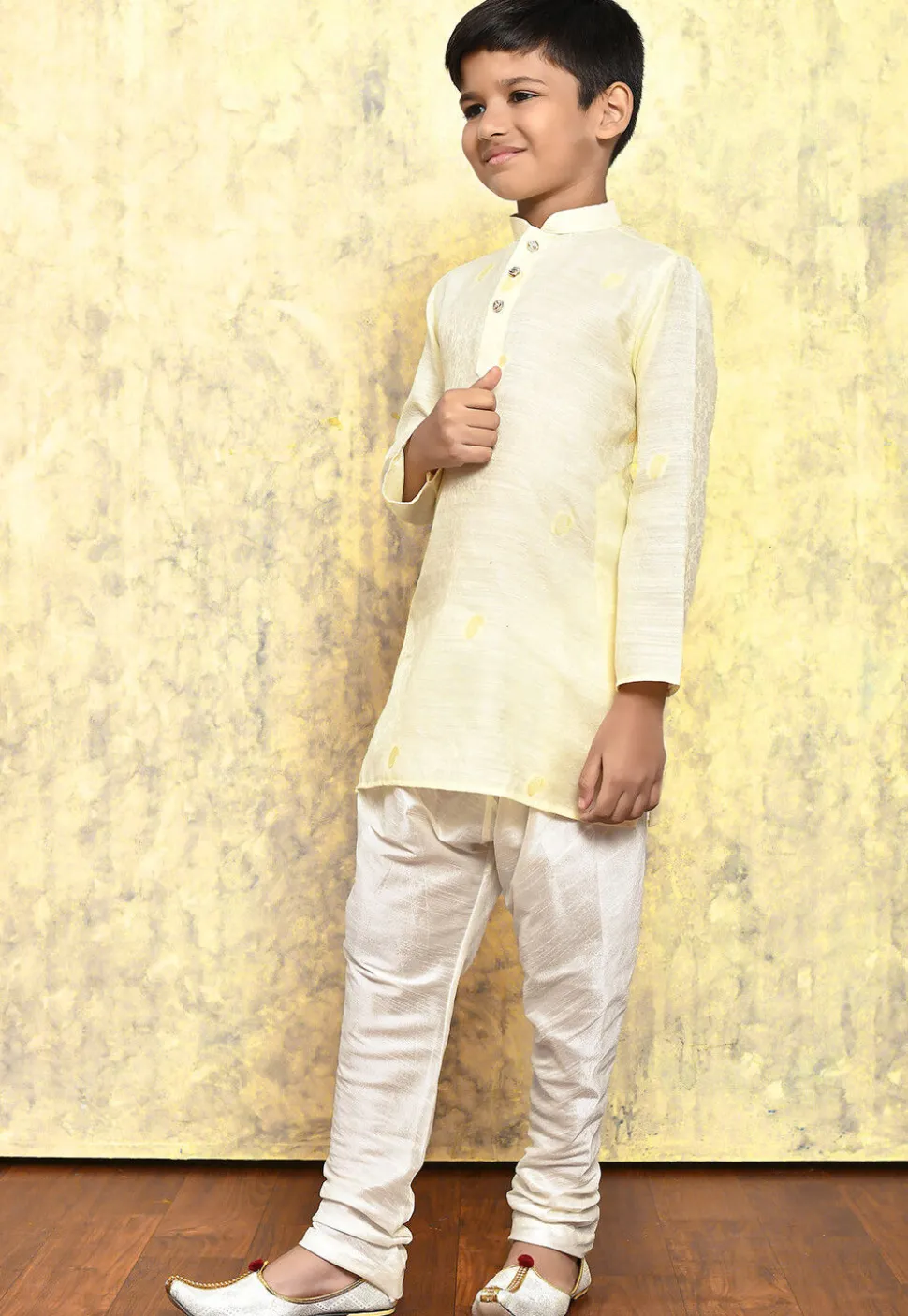 Woven Art Silk Jacquard Kurta Set in Cream