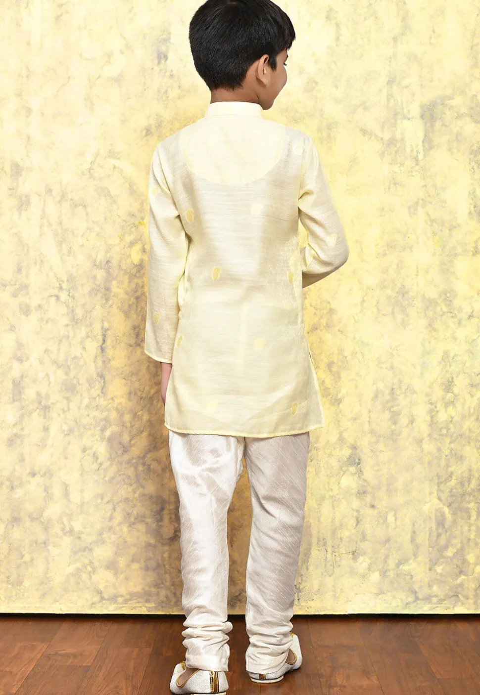 Woven Art Silk Jacquard Kurta Set in Cream