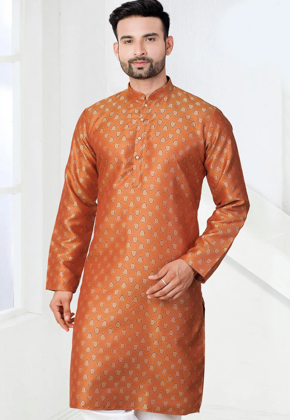 Woven Art Silk Jacquard Kurta in Orange