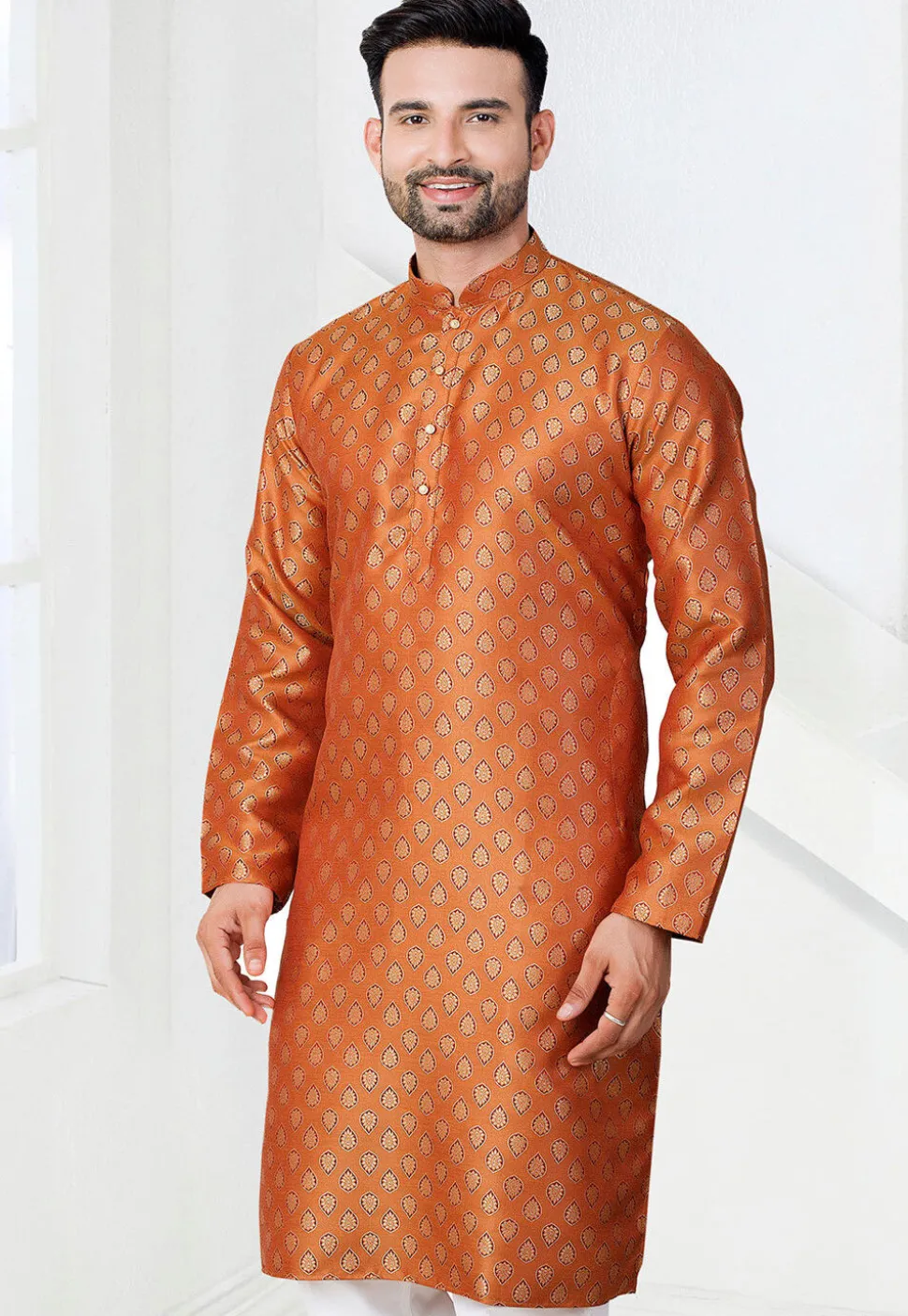 Woven Art Silk Jacquard Kurta in Orange
