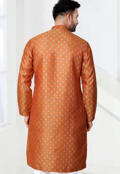 Woven Art Silk Jacquard Kurta in Orange