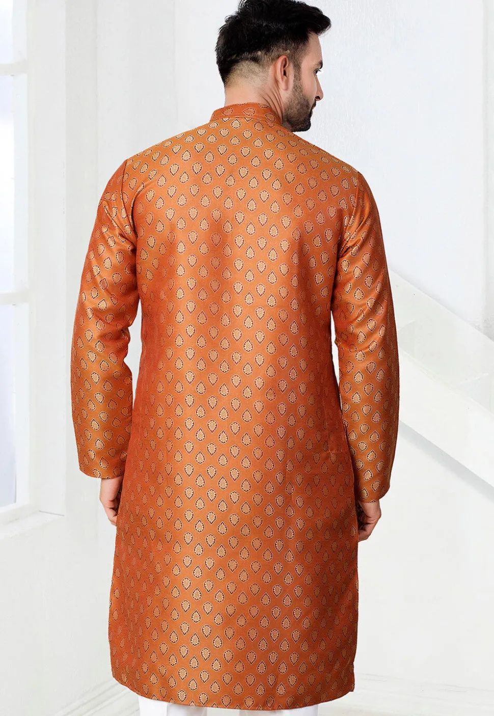 Woven Art Silk Jacquard Kurta in Orange