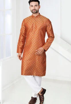Woven Art Silk Jacquard Kurta in Orange
