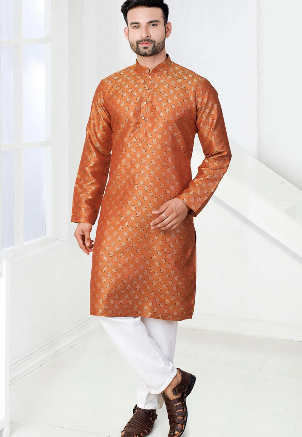 Woven Art Silk Jacquard Kurta in Orange