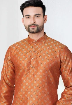 Woven Art Silk Jacquard Kurta in Orange