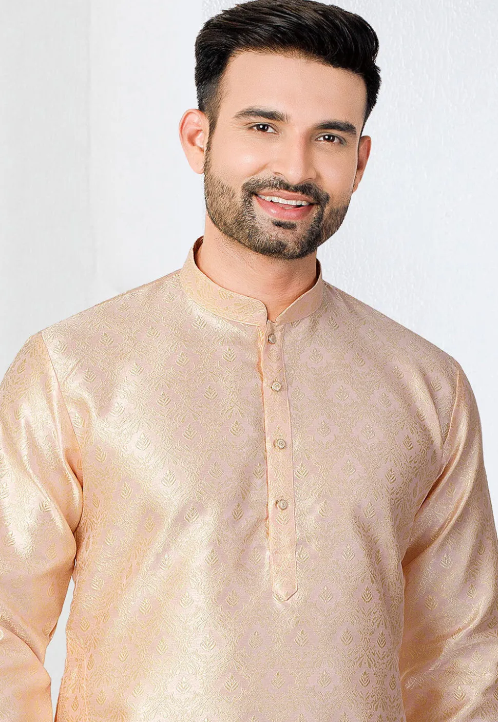 Woven Art Silk Jacquard Kurta in Peach