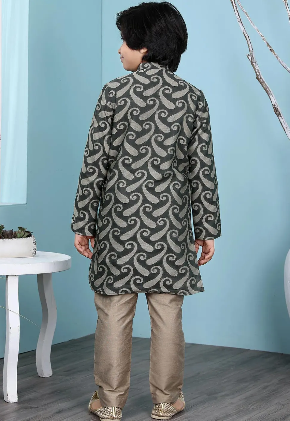 Woven Art Silk Jacquard Kurta Set in Dark Green