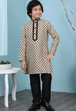 Woven Art Silk Jacquard Kurta Set in Beige
