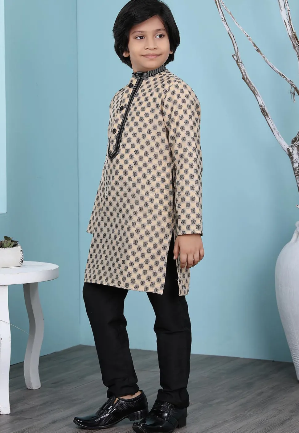 Woven Art Silk Jacquard Kurta Set in Beige