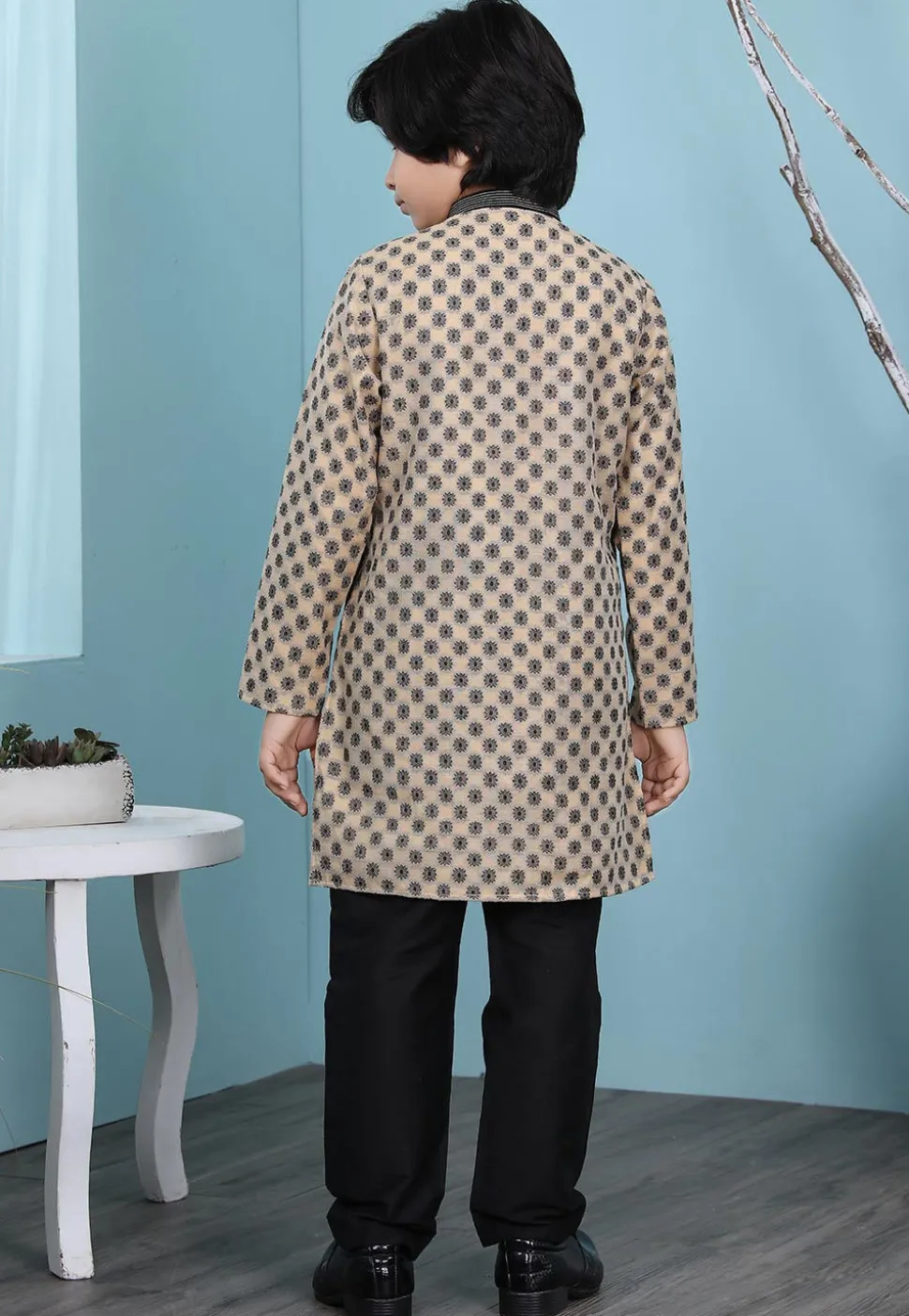 Woven Art Silk Jacquard Kurta Set in Beige