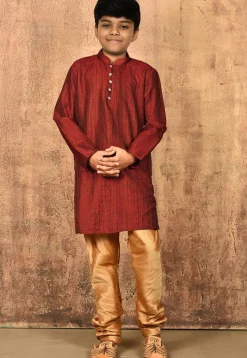 Woven Art Silk Jacquard Kurta Set in Red