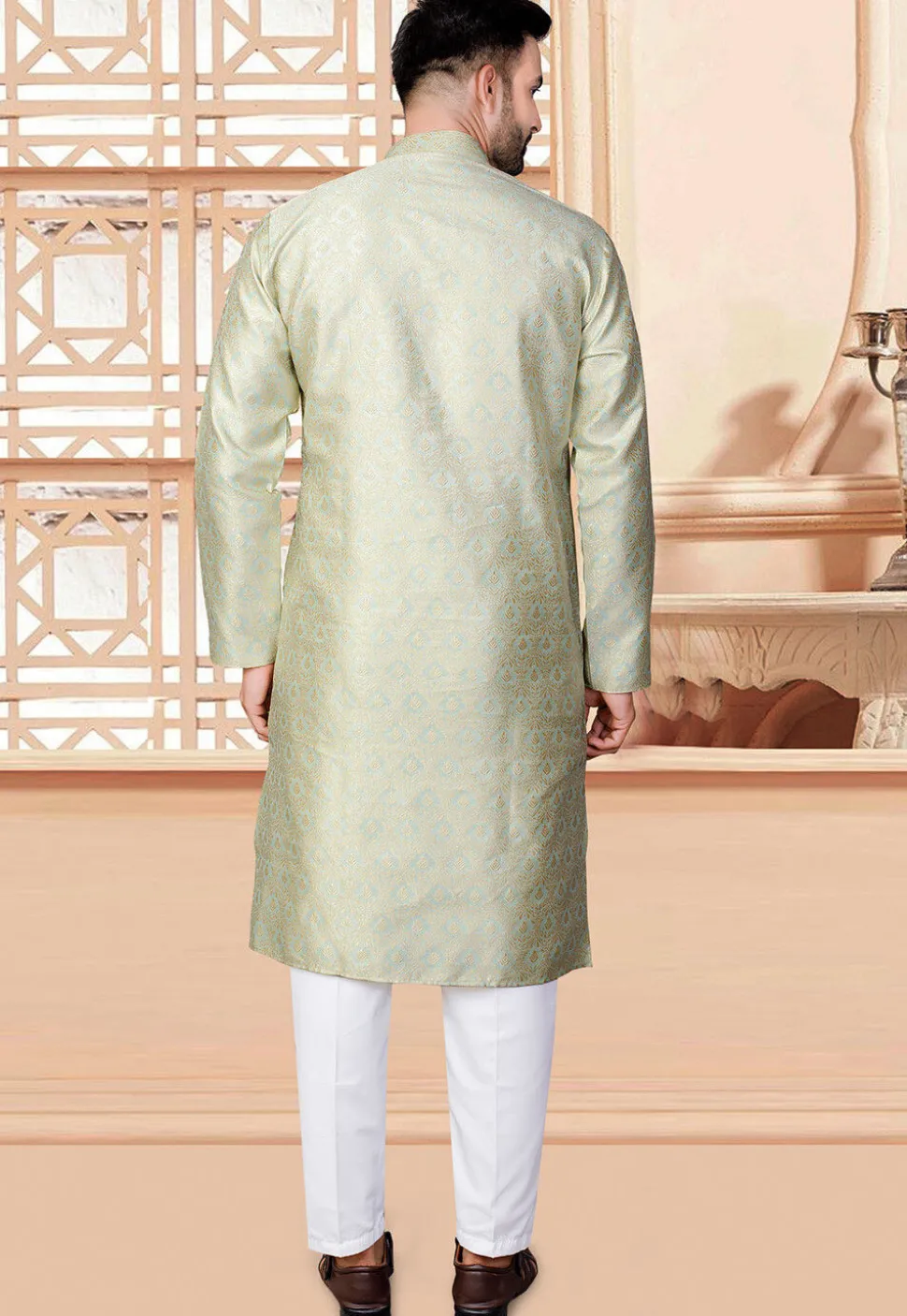 Woven Art Silk Jacquard Kurta Set in Sea Green