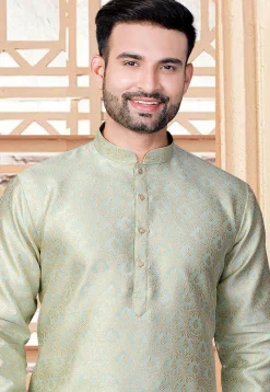 Woven Art Silk Jacquard Kurta Set in Sea Green