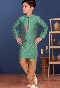 Woven Art Silk Jacquard Kurta Set in Teal Green