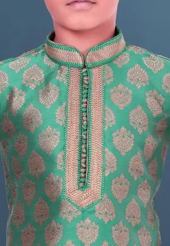 Woven Art Silk Jacquard Kurta Set in Teal Green