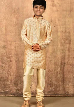 Woven Art Silk Jacquard Kurta in Beige