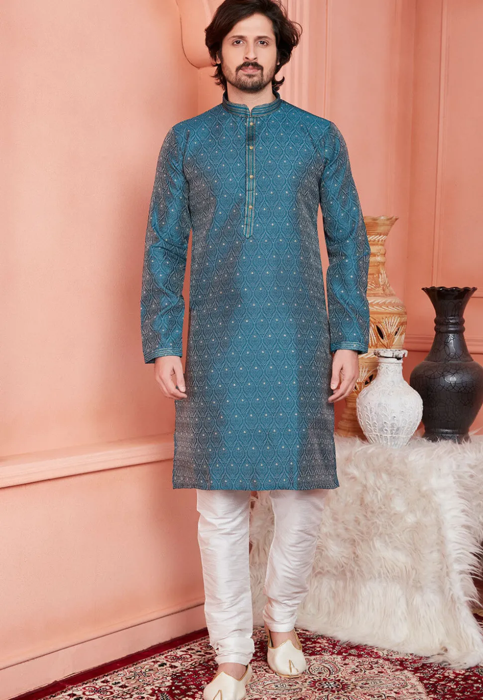 Woven Art Silk Jacquard Kurta Set in Teal Blue