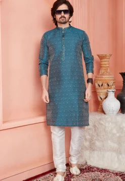 Woven Art Silk Jacquard Kurta Set in Teal Blue