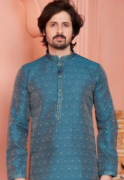 Woven Art Silk Jacquard Kurta Set in Teal Blue