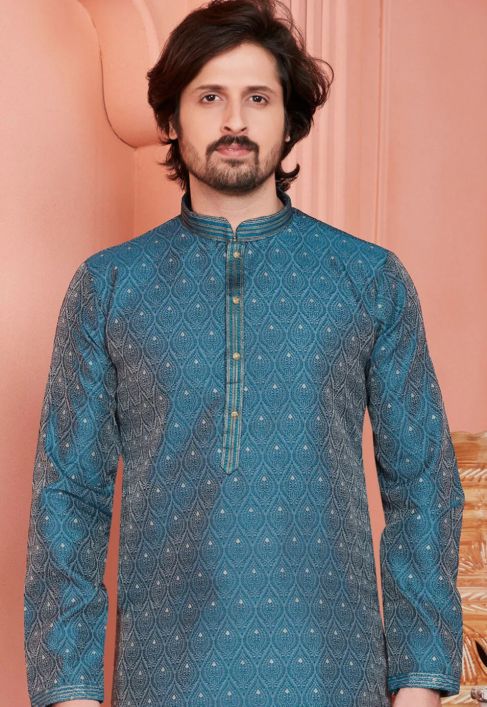 Woven Art Silk Jacquard Kurta Set in Teal Blue