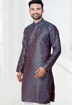 Woven Art Silk Jacquard Kurta in Blue