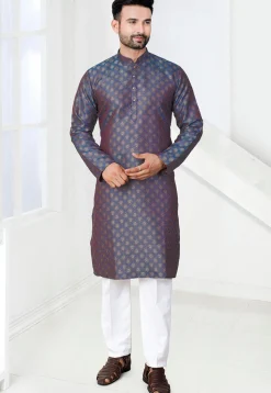 Woven Art Silk Jacquard Kurta in Blue