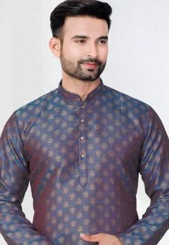 Woven Art Silk Jacquard Kurta in Blue
