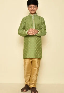 Woven Art Silk Jacquard Kurta Set in Green