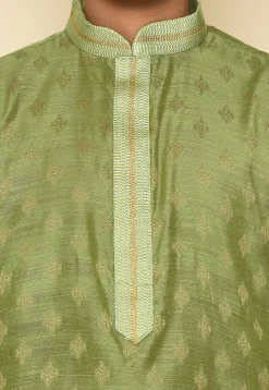 Woven Art Silk Jacquard Kurta Set in Green