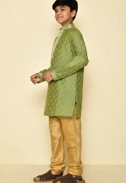 Woven Art Silk Jacquard Kurta Set in Green