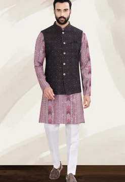 Woven Art Silk Jacquard Kurta Set in Pink and Navy Blue