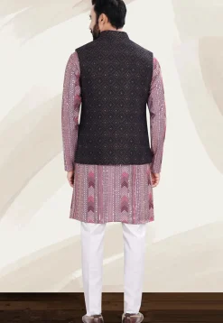 Woven Art Silk Jacquard Kurta Set in Pink and Navy Blue
