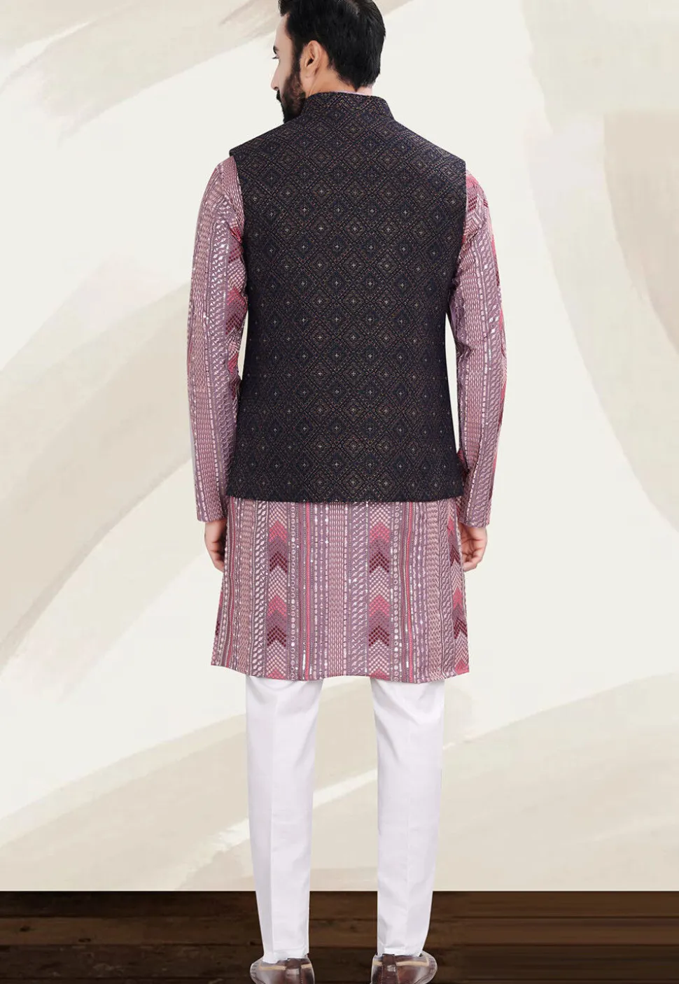 Woven Art Silk Jacquard Kurta Set in Pink and Navy Blue