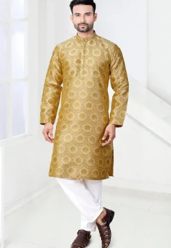 Woven Art Silk Jacquard Kurta Set in Beige