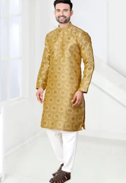 Woven Art Silk Jacquard Kurta Set in Beige