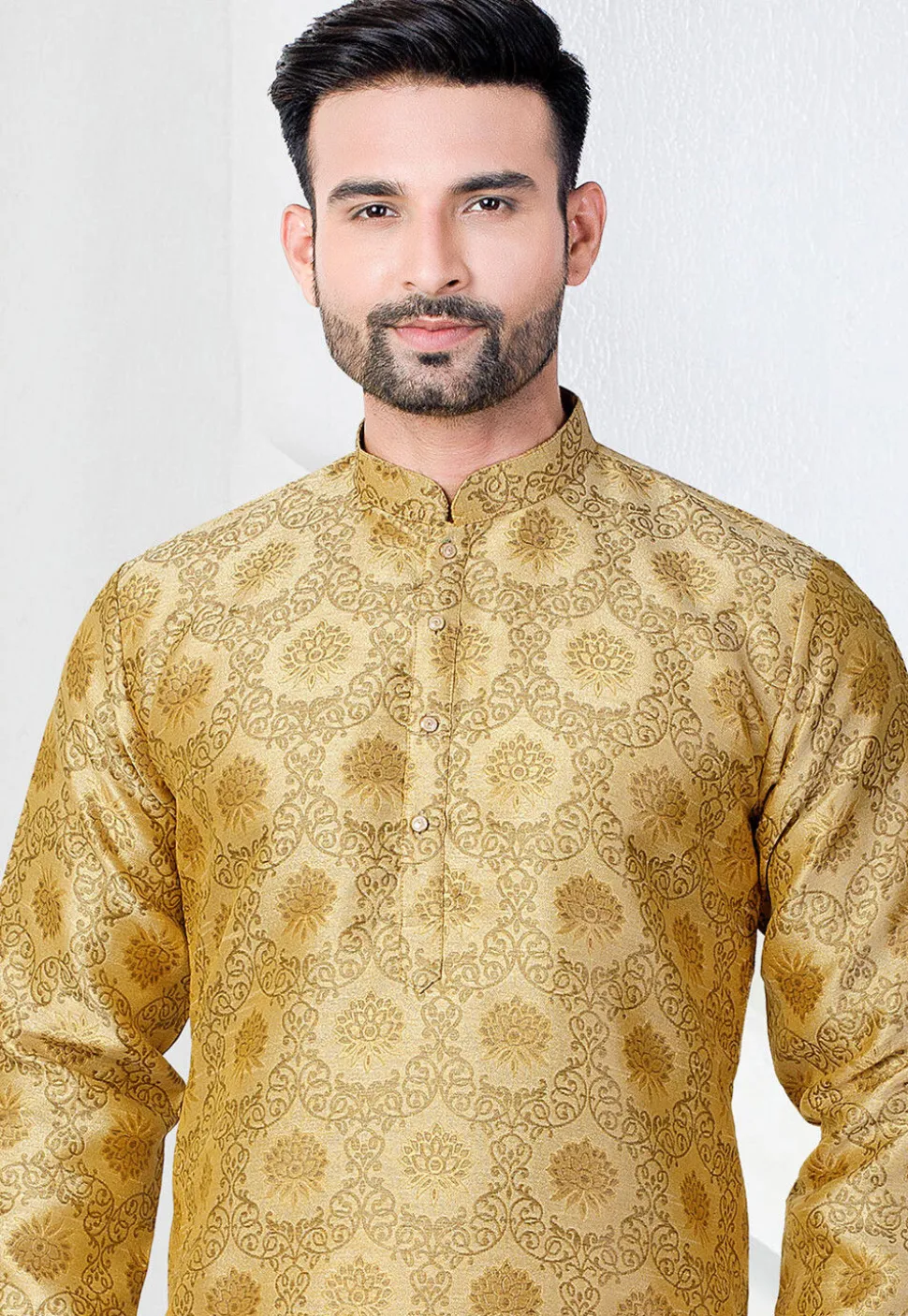 Woven Art Silk Jacquard Kurta Set in Beige