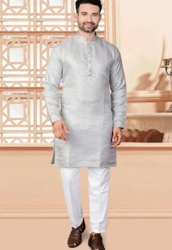 Woven Art Silk Jacquard Kurta Set in Grey