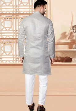 Woven Art Silk Jacquard Kurta Set in Grey