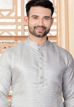 Woven Art Silk Jacquard Kurta Set in Grey