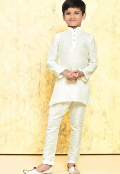 Woven Art Silk Jacquard Kurta Set in Off White