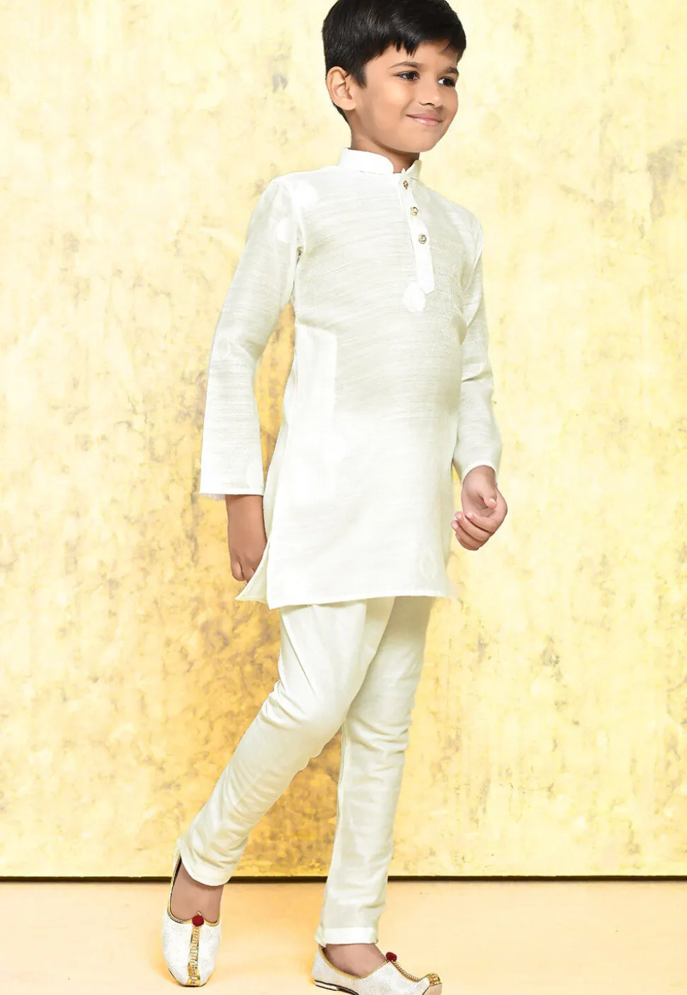 Woven Art Silk Jacquard Kurta Set in Off White