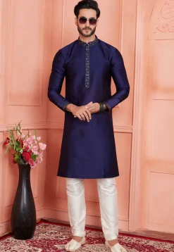 Woven Art Silk Jacquard Kurta Set in Navy Blue
