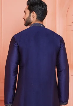 Woven Art Silk Jacquard Kurta Set in Navy Blue