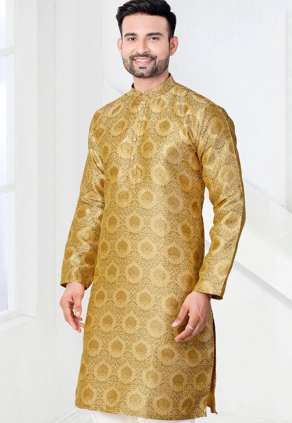 Woven Art Silk Jacquard Kurta in Beige