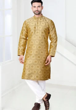 Woven Art Silk Jacquard Kurta in Beige
