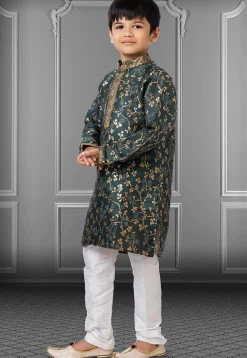 Woven Art Silk Jacquard Kurta Set in Dark Teal Green