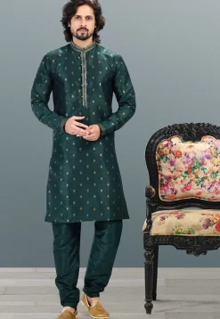 Woven Art Silk Jacquard Kurta Set in Dark Teal Green